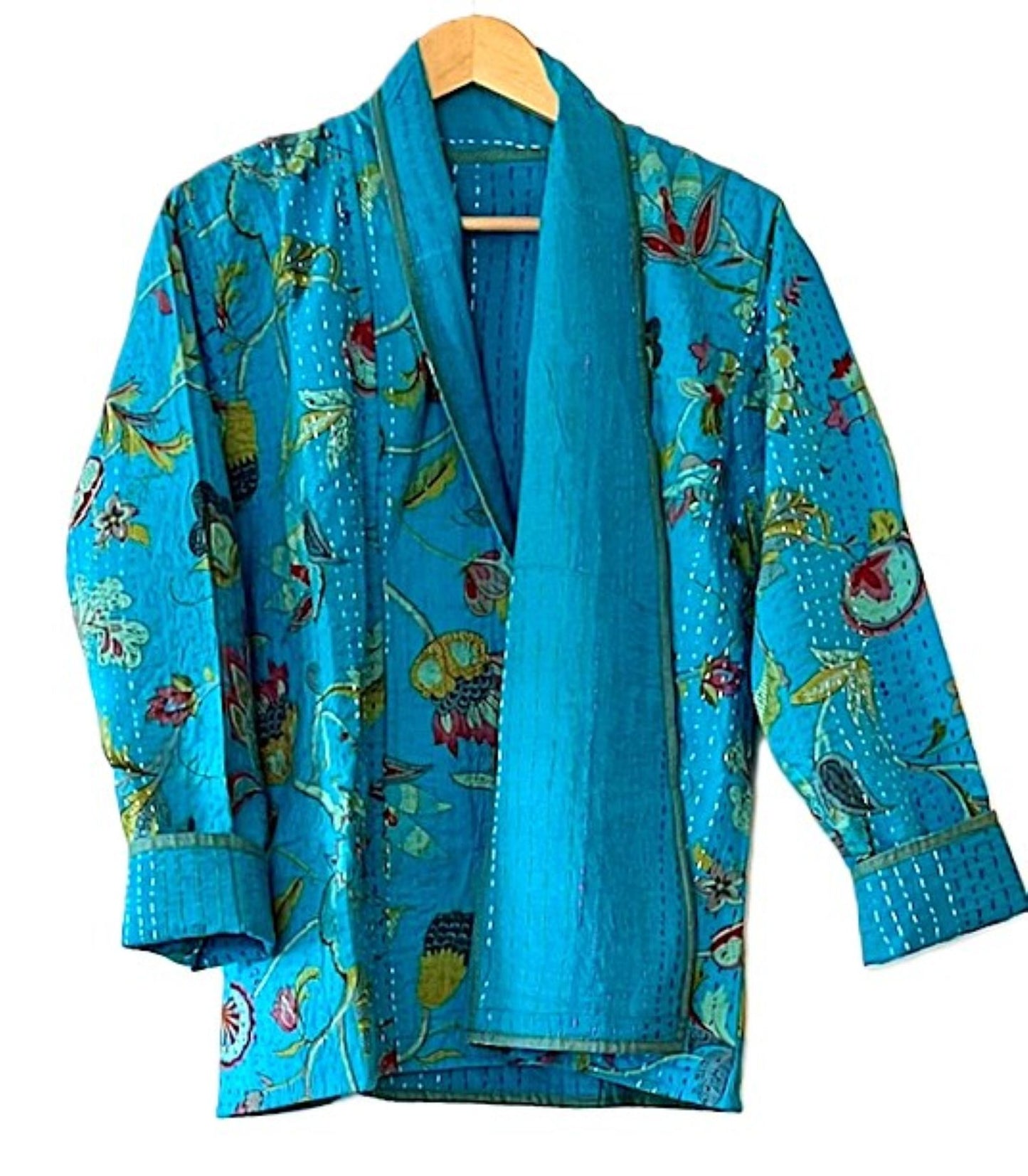Fully Reversible Short Quilted Jacket With Kantha Stitching. Beautiful Color.