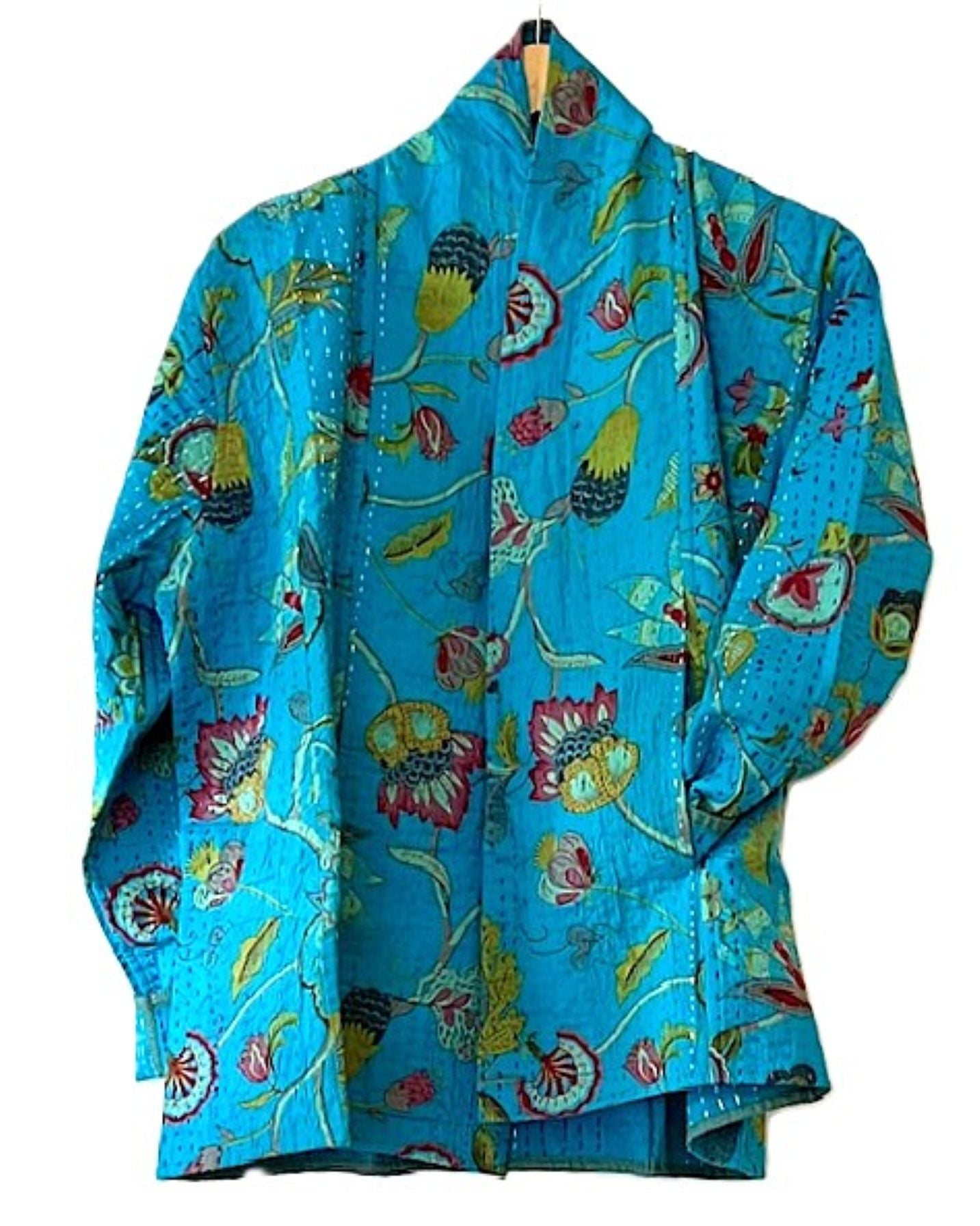 Fully Reversible Short Quilted Jacket With Kantha Stitching. Beautiful Color.