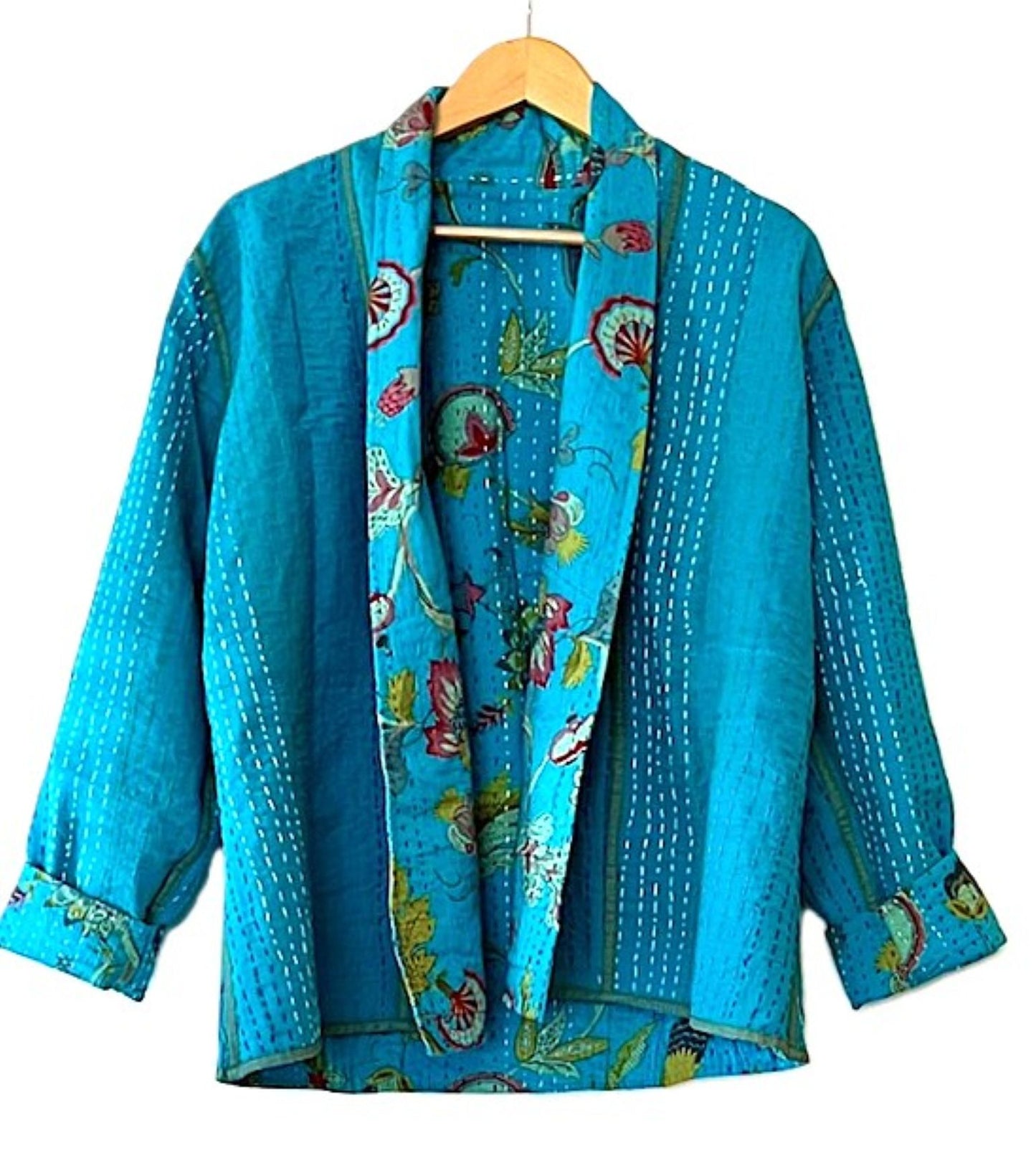 Fully Reversible Short Quilted Jacket With Kantha Stitching. Beautiful Color.