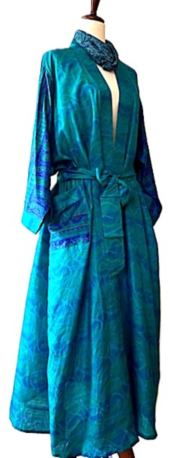 Luxurious Rich Silk Long Kimono Duster. Glamorous (Turquoise)