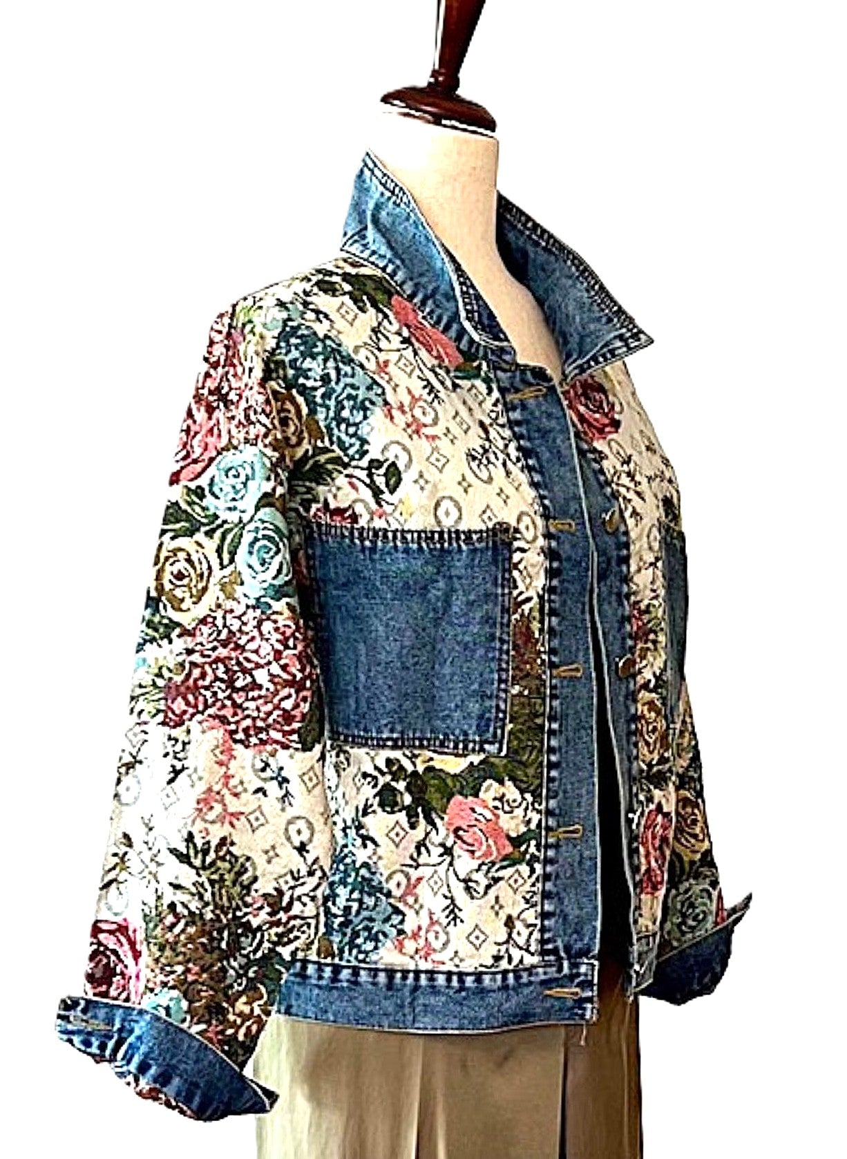 Jacket: Vintage Style Floral Pattern Boho Denim Jean