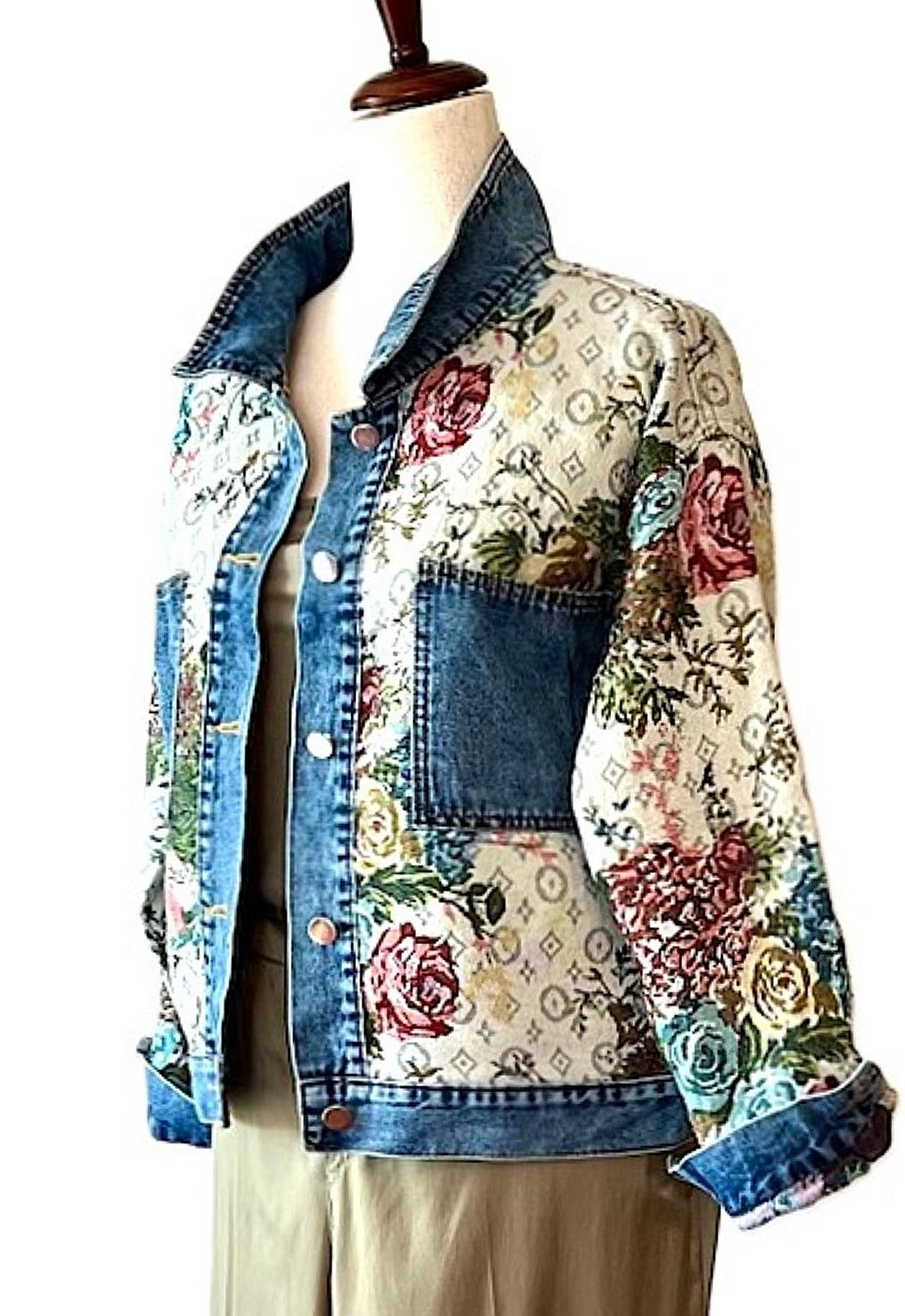 Jacket: Vintage Style Floral Pattern Boho Denim Jean