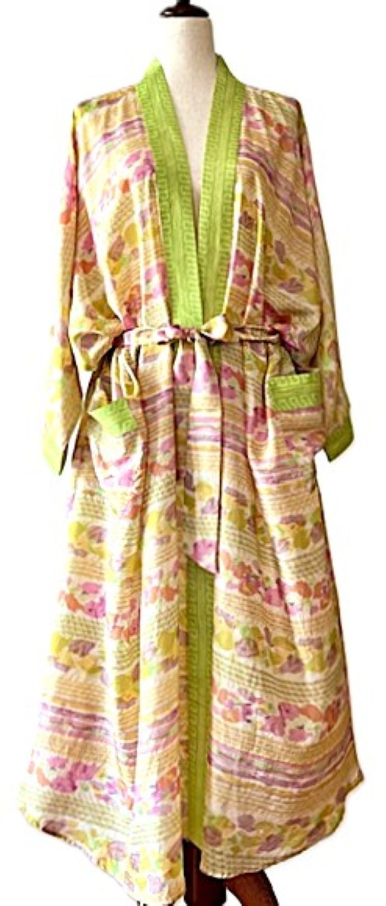 Luxurious Rich Silk Long Kimono Duster. Glamorous (Pastel)