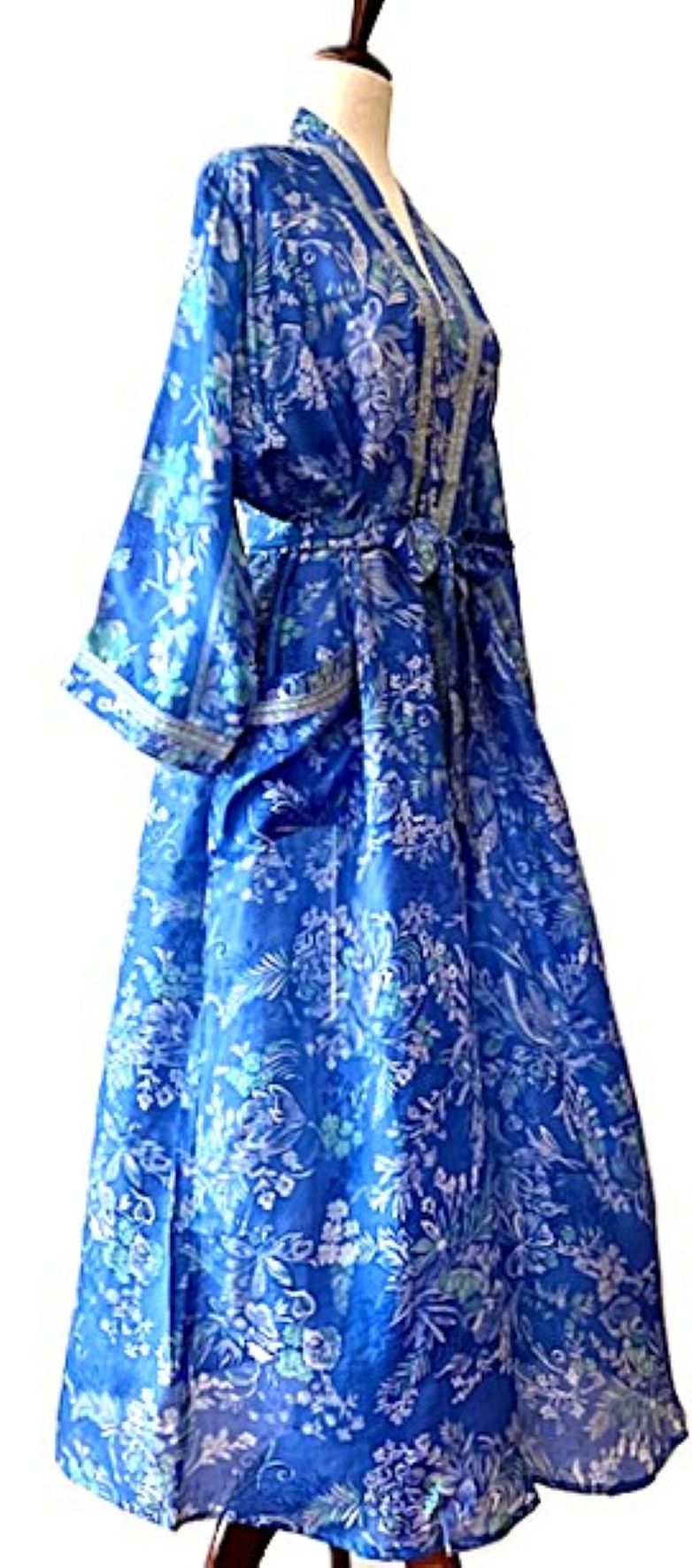 Luxurious Rich Silk Long Kimono Duster. Glamorous (Blue Floral)