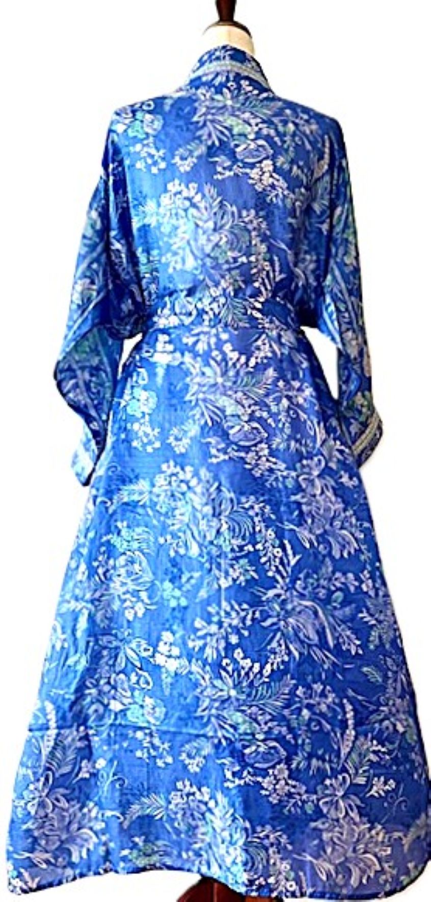 Luxurious Rich Silk Long Kimono Duster. Glamorous (Blue Floral)