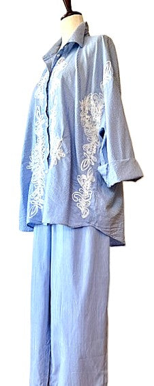 Embroidered Striped Pantsuit Is Cool and Comfortable. (Sky Blue)