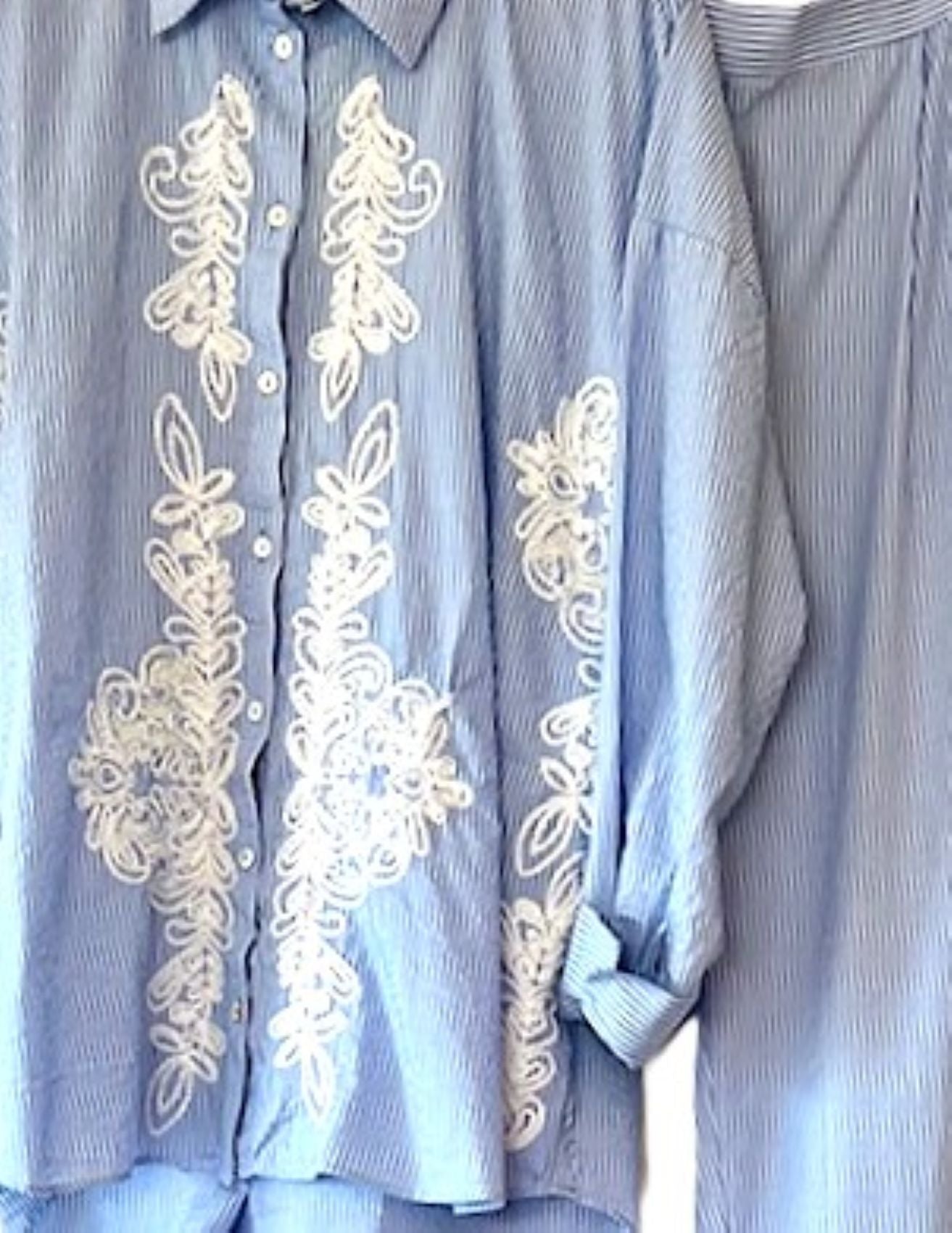 Embroidered Striped Pantsuit Is Cool and Comfortable. (Sky Blue)