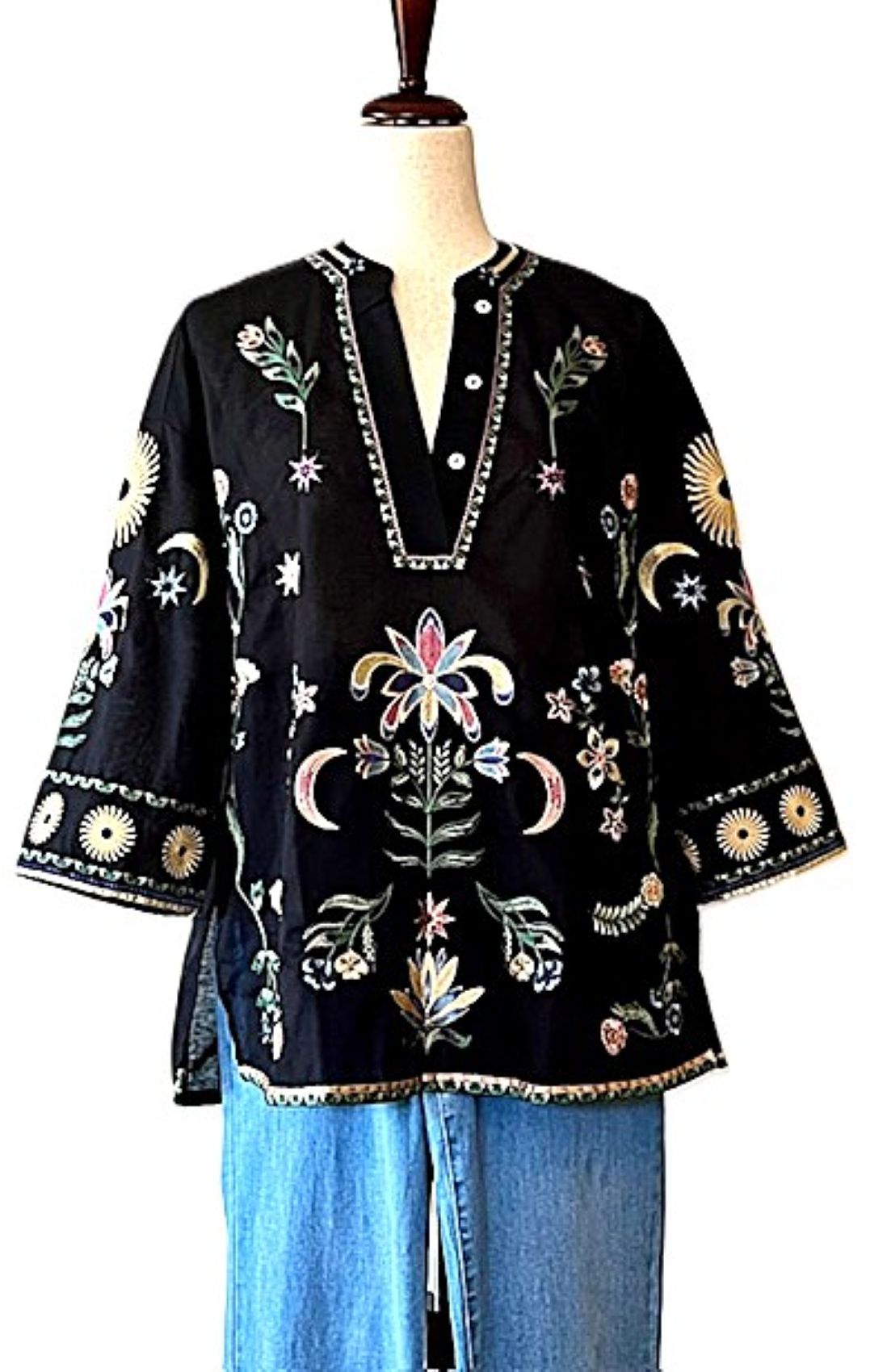 Specialty Collection: Boho Tunic Embroidered And Embellished With Celestrial Signs. (Black)