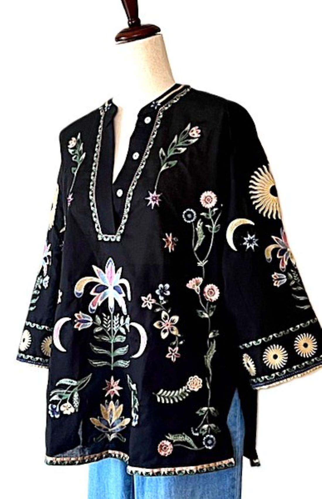 Specialty Collection: Boho Tunic Embroidered And Embellished With Celestrial Signs. (Black)