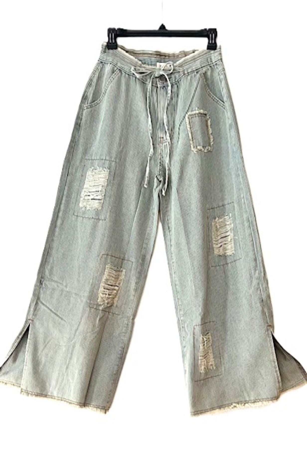 Distressed, Waist Stripe Denim Wide Pants. Best Seller.
