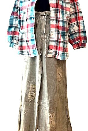 Distressed, Waist Stripe Denim Wide Pants. Best Seller.