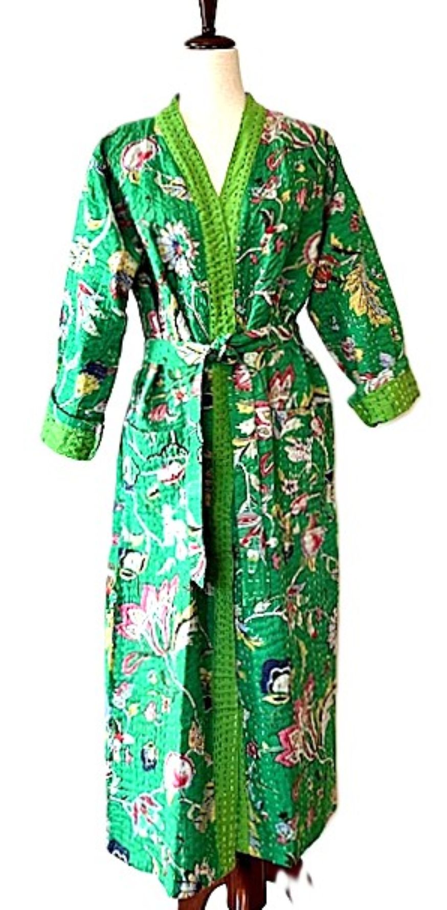 Long Cotton Kimono Looks Fresh And Colorful. (Emerald)
