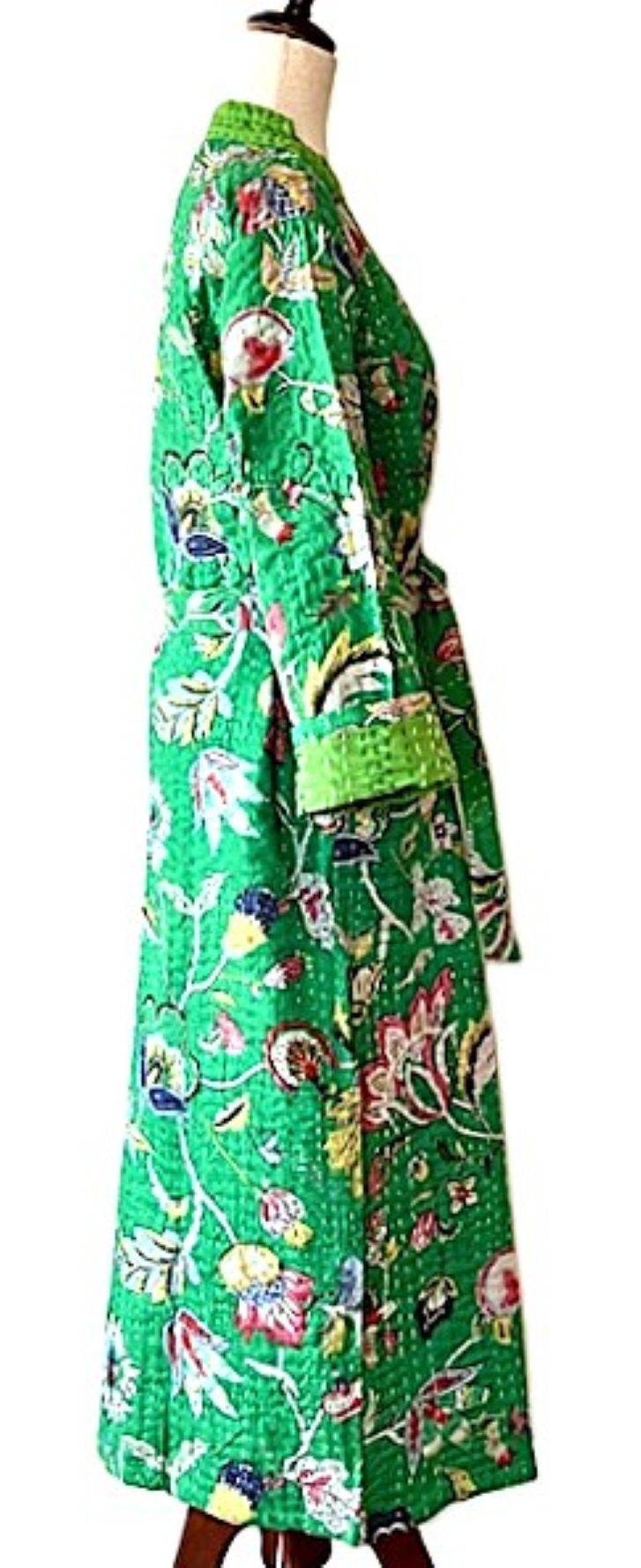 Long Cotton Kimono Looks Fresh And Colorful. (Emerald)