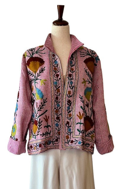 Wearable Art In This Beautiful Herringbone Suzani Embroidered Jacket. (Light Pink)