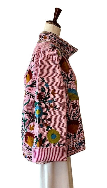 Wearable Art In This Beautiful Herringbone Suzani Embroidered Jacket. (Light Pink)
