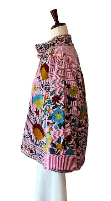 Wearable Art In This Beautiful Herringbone Suzani Embroidered Jacket. (Light Pink)