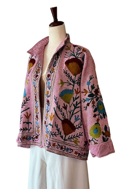 Wearable Art In This Beautiful Herringbone Suzani Embroidered Jacket. (Light Pink)