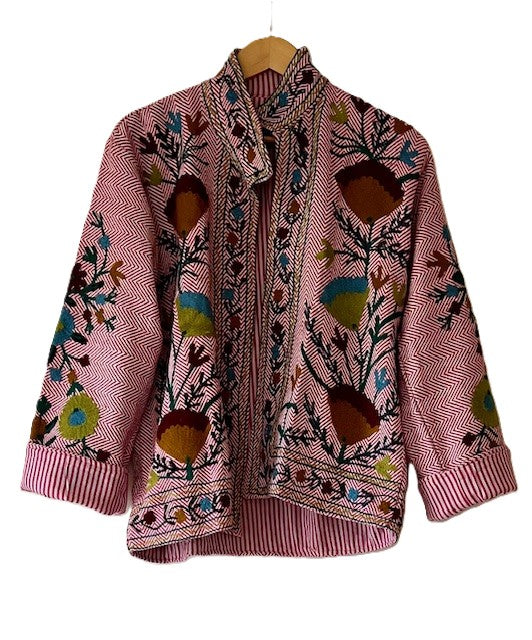 Wearable Art In This Beautiful Herringbone Suzani Embroidered Jacket. (Light Pink)