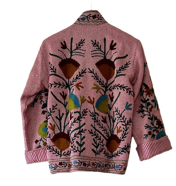 Wearable Art In This Beautiful Herringbone Suzani Embroidered Jacket. (Light Pink)