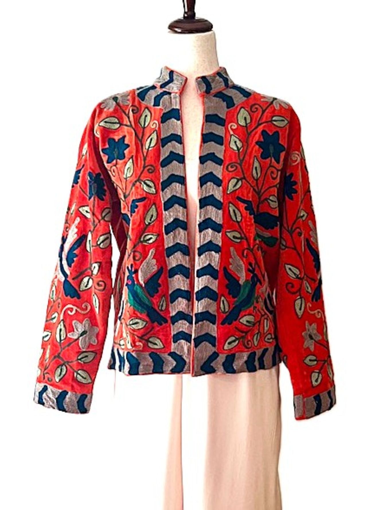 Jacket, Wearable Art In This Hand Embroidered Short Cotton Velvet Jacket. (Red)