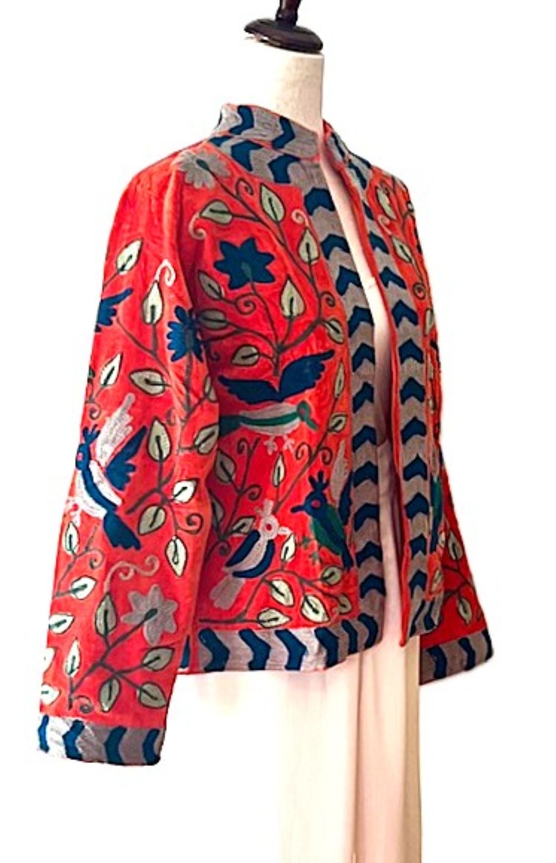 Jacket, Wearable Art In This Hand Embroidered Short Cotton Velvet Jacket. (Red)