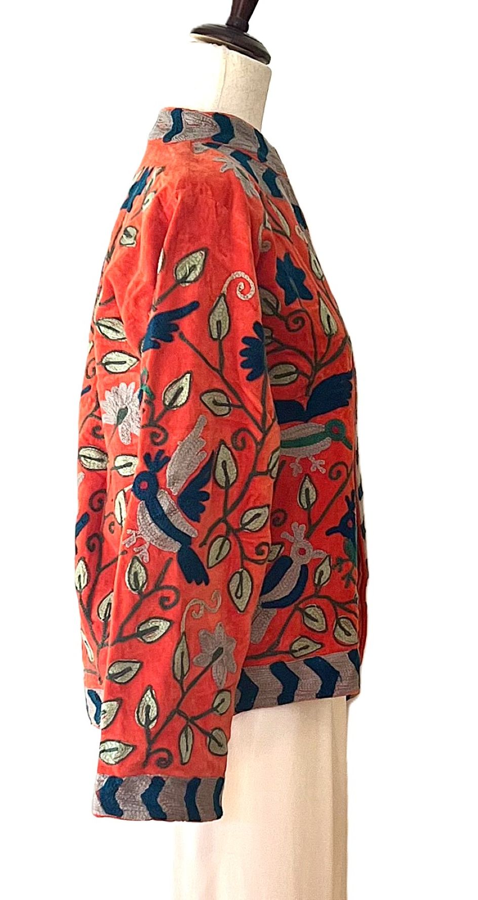 Jacket, Wearable Art In This Hand Embroidered Short Cotton Velvet Jacket. (Red)