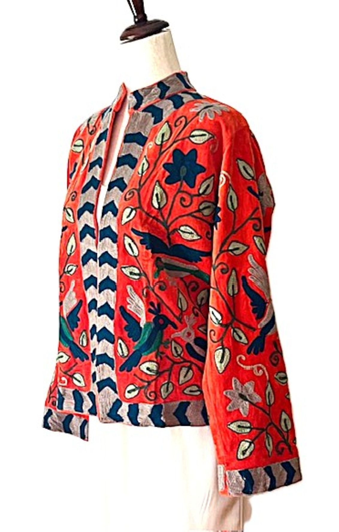 Jacket, Wearable Art In This Hand Embroidered Short Cotton Velvet Jacket. (Red)