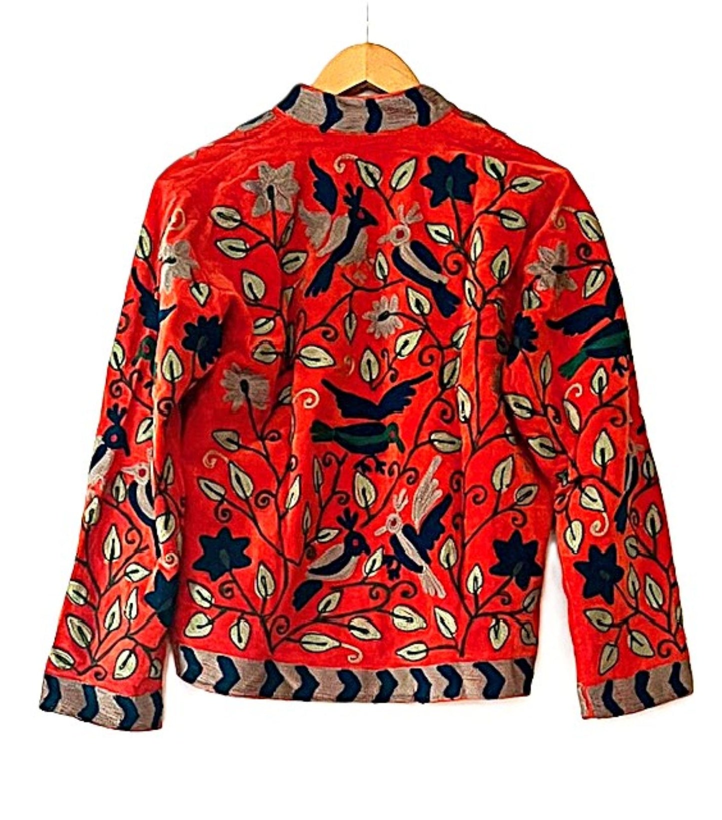 Jacket, Wearable Art In This Hand Embroidered Short Cotton Velvet Jacket. (Red)