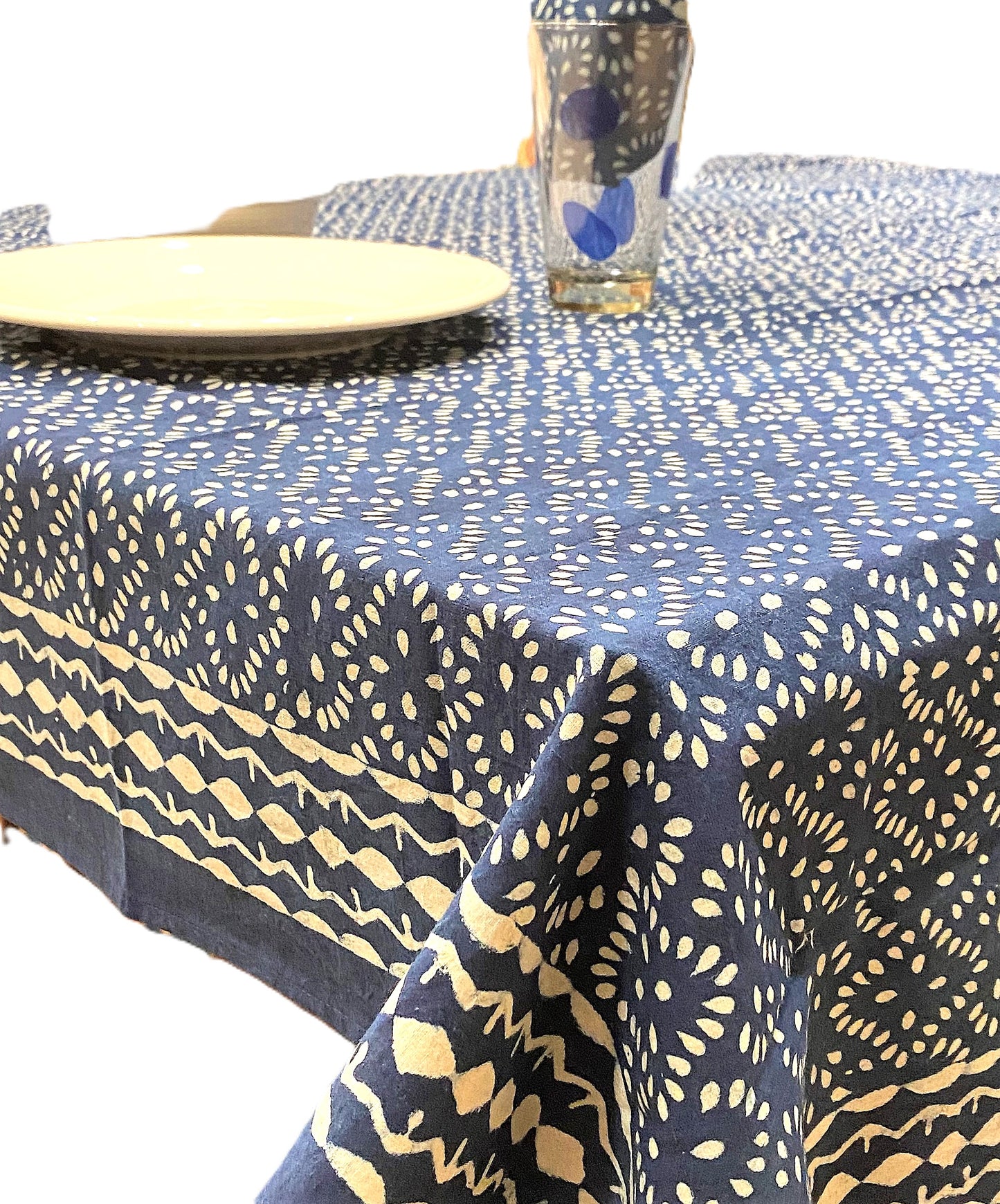 Hand Blocked Geometric Floral Table Cloth and Napkins, Navy