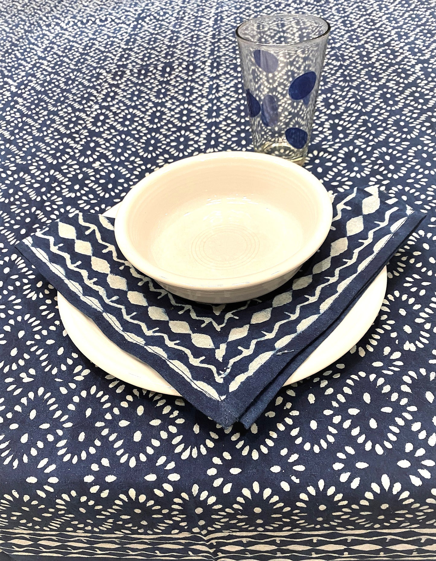 Hand Blocked Geometric Floral Table Cloth and Napkins, Navy