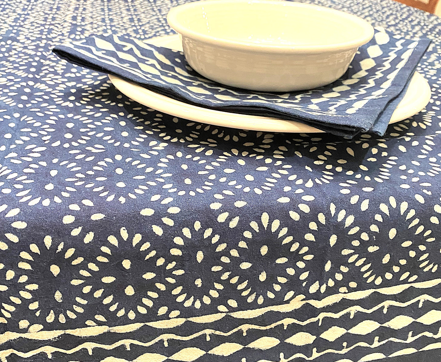 Hand Blocked Geometric Floral Table Cloth and Napkins, Navy