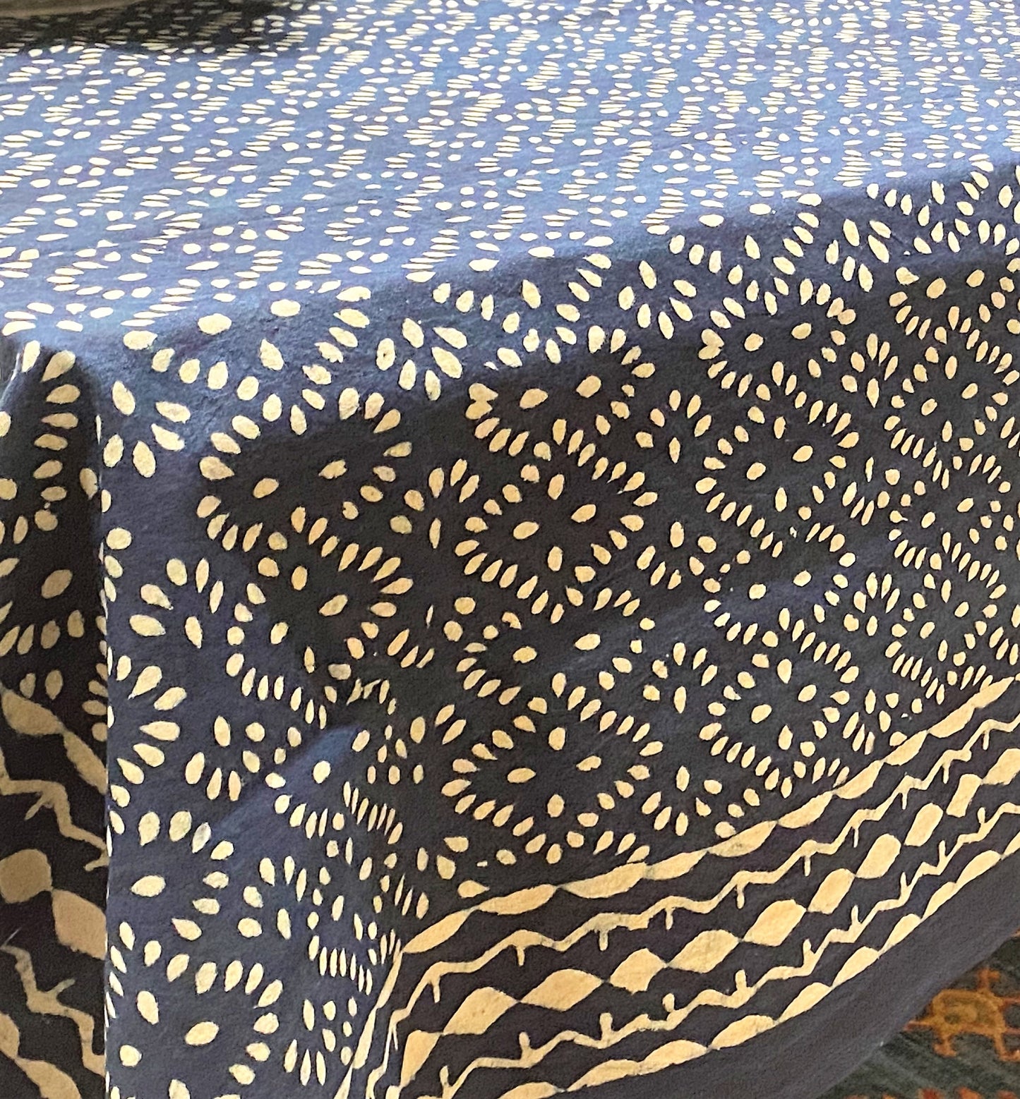Hand Blocked Geometric Floral Table Cloth and Napkins, Navy