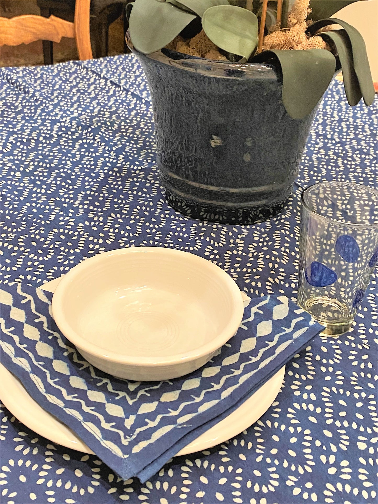 Hand Blocked Geometric Floral Table Cloth and Napkins, Navy