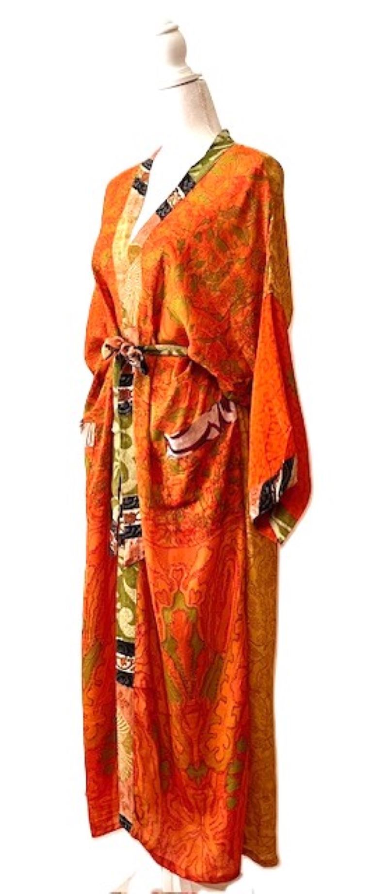 Top of the Line Silk Kimono Duster, Dramatic Abstract Print. Vamp Appeal.