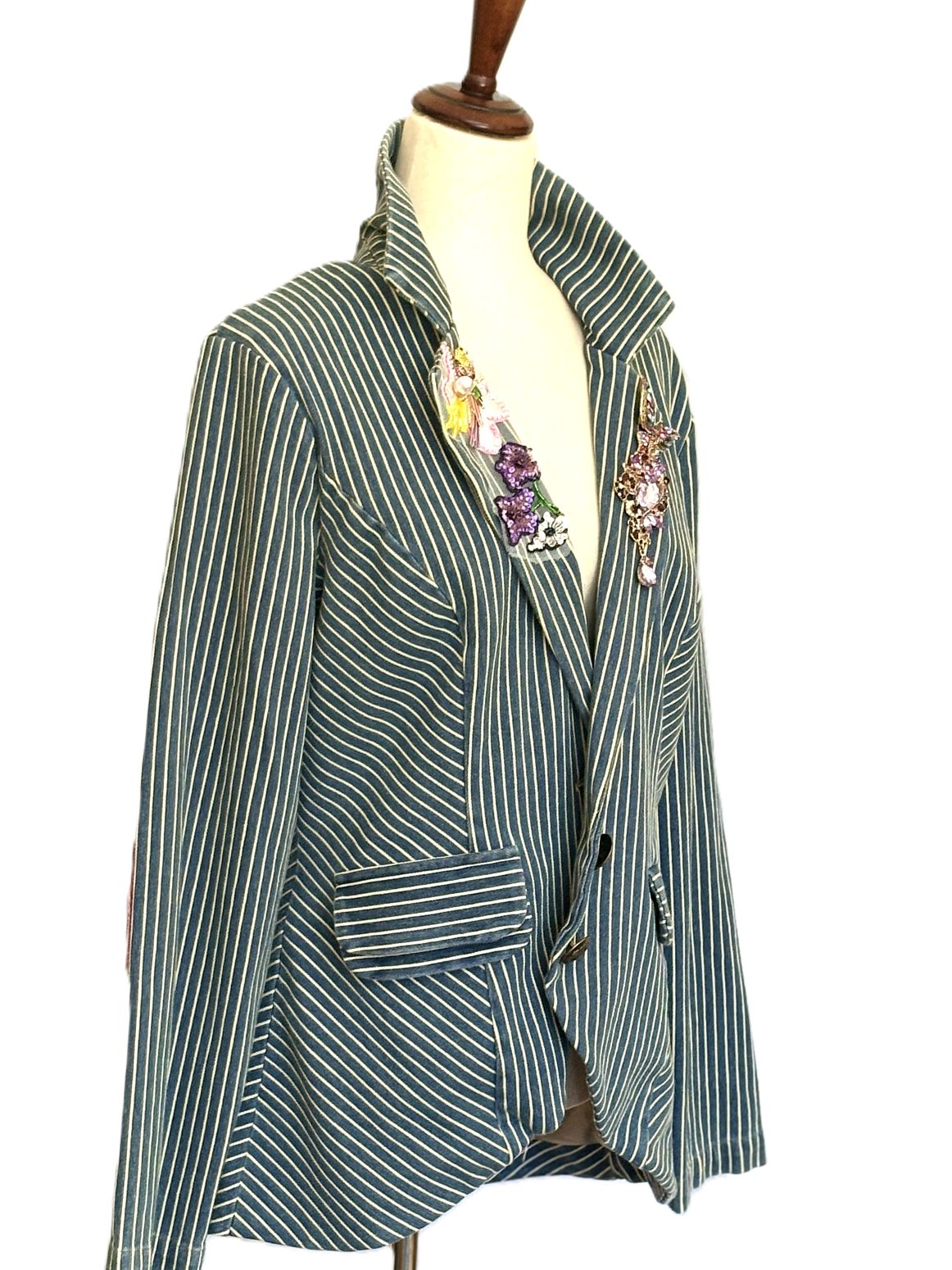 Blazer-Contemporary Striped Denim Stripe Jacket With Collar Embellishments (Dark Denim)