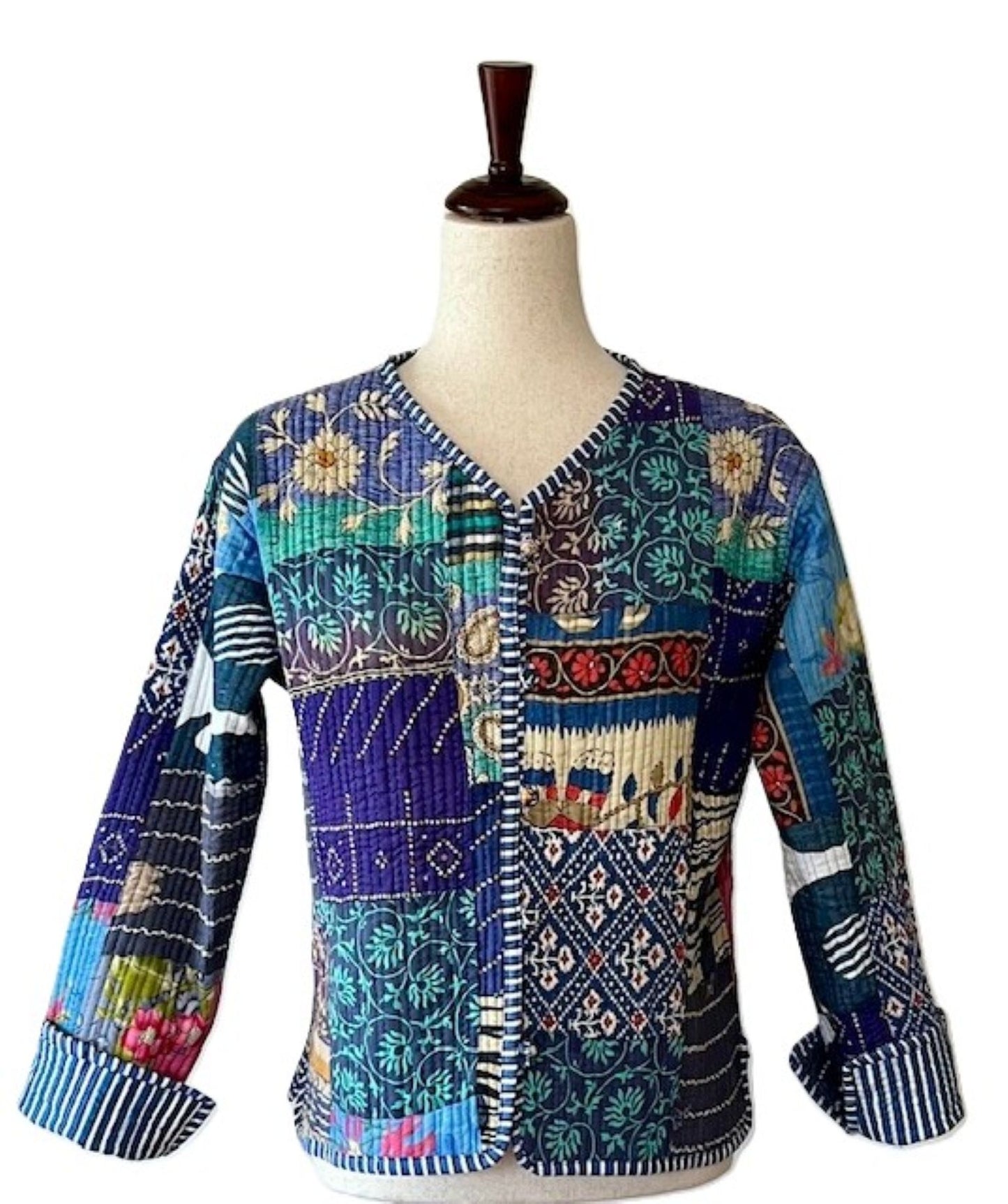 Reversible Cotton Quilted Womens Jacket With Stripe Piping (Blue Grey)