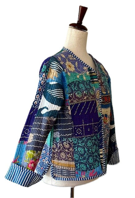 Reversible Cotton Quilted Womens Jacket With Stripe Piping (Blue Grey)