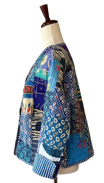 Reversible Cotton Quilted Womens Jacket With Stripe Piping (Blue Grey)
