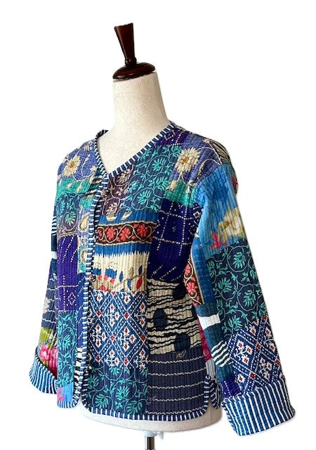 Reversible Cotton Quilted Womens Jacket With Stripe Piping (Blue Grey)