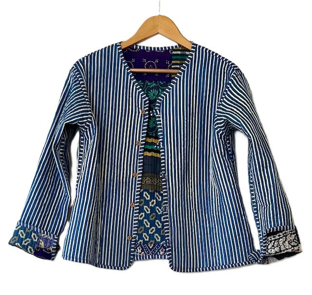 Reversible Cotton Quilted Womens Jacket With Stripe Piping (Blue Grey)