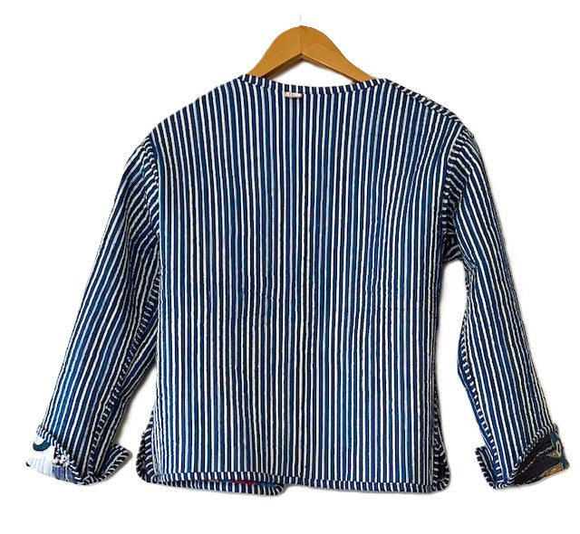 Reversible Cotton Quilted Womens Jacket With Stripe Piping (Blue Grey)
