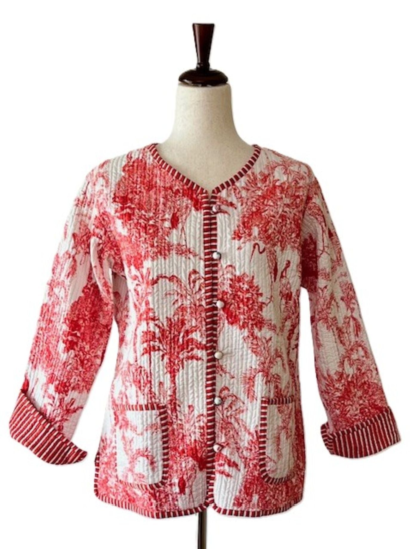 Luxe Reversible Cotton Quilted Womens Jacket With Red Stripe Piping (Red White Motif)