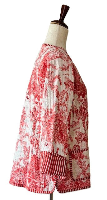 Luxe Reversible Cotton Quilted Womens Jacket With Red Stripe Piping (Red White Motif)