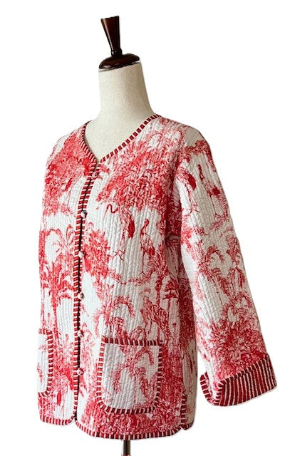 Luxe Reversible Cotton Quilted Womens Jacket With Red Stripe Piping (Red White Motif)
