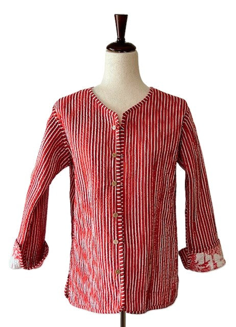 Luxe Reversible Cotton Quilted Womens Jacket With Red Stripe Piping (Red White Motif)