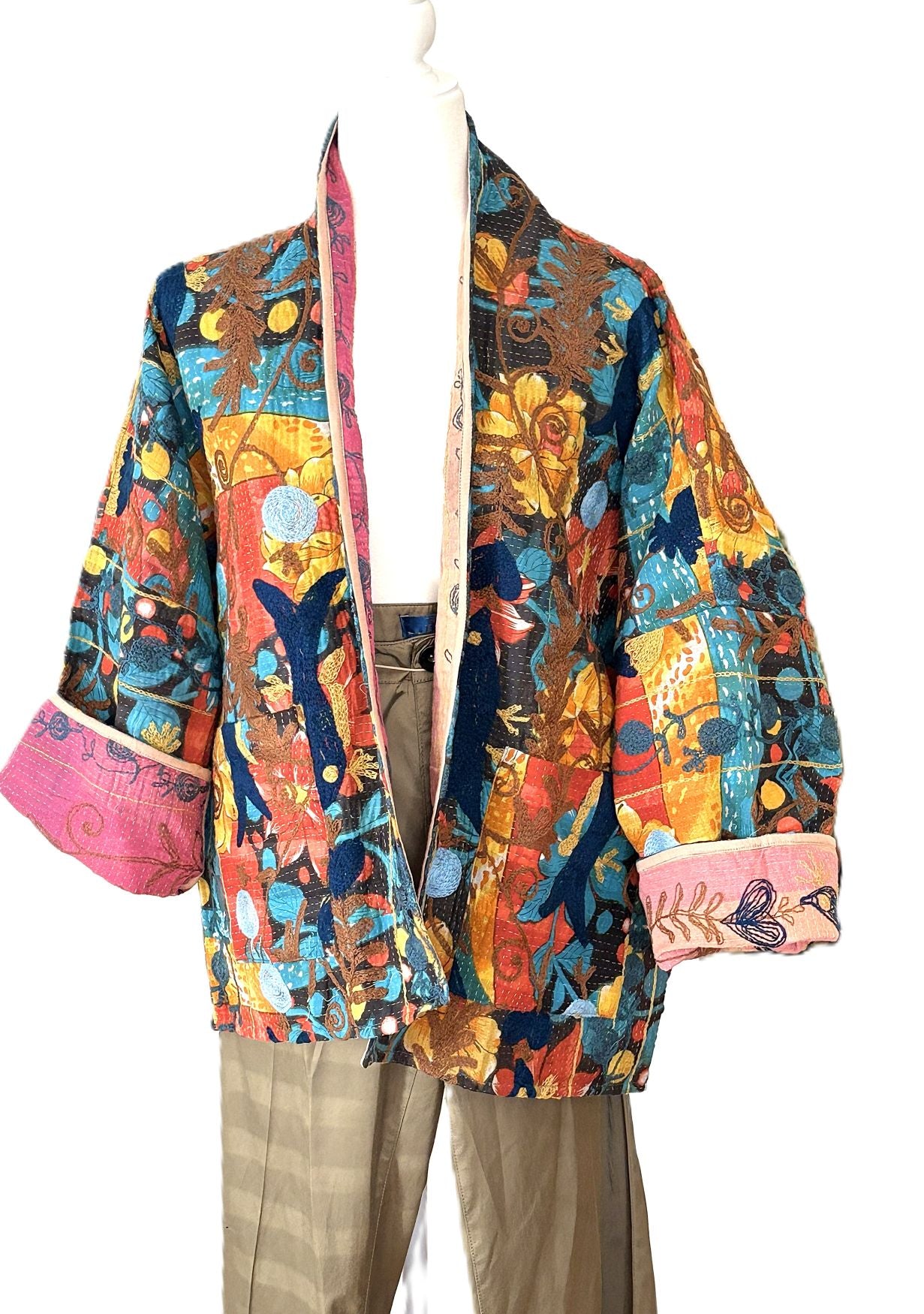 Wearable Art Vintage Reversible Kantha Quilted Jacket: Short Suzani Embroidered Coat