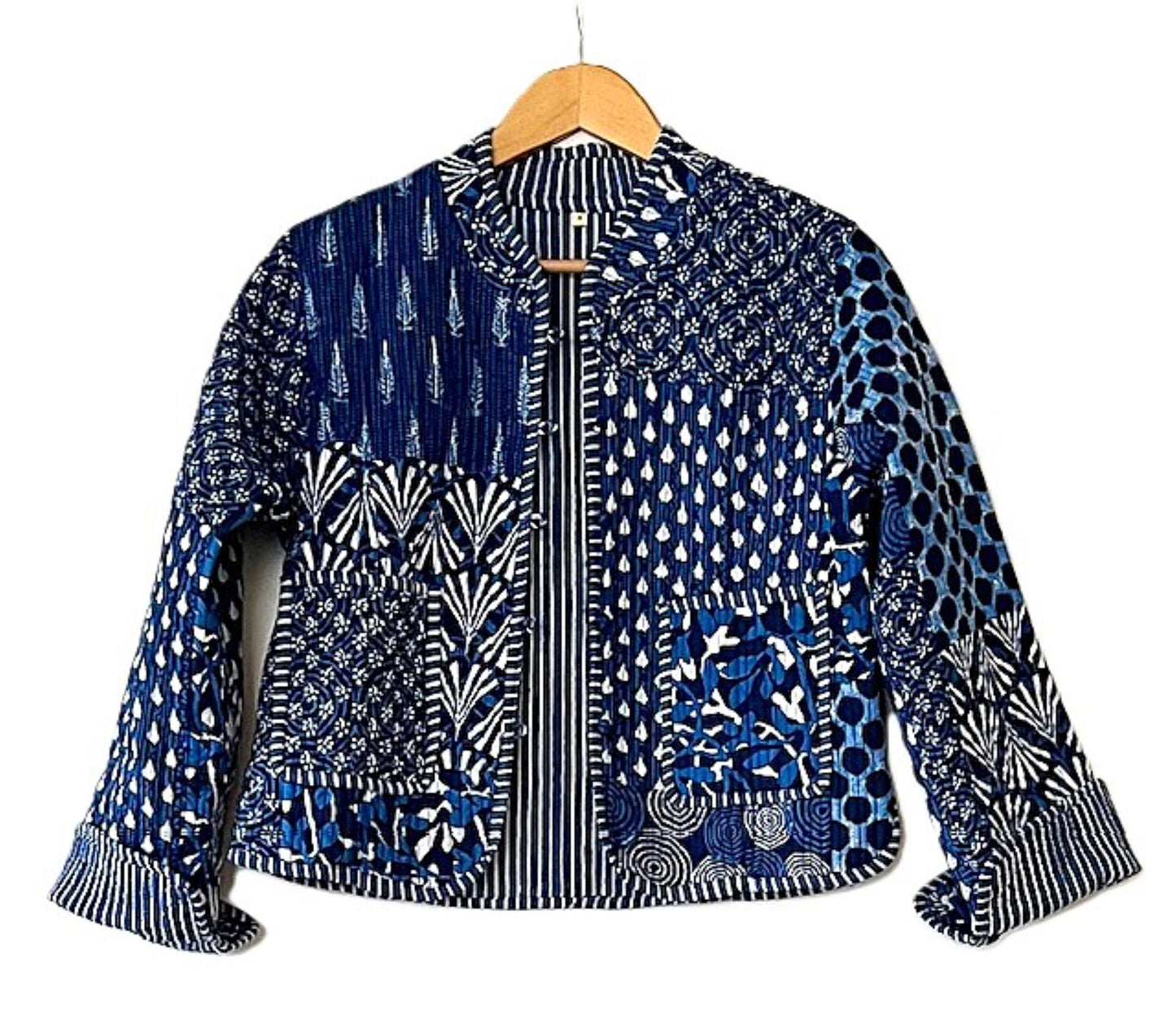 Luxe Reversible Cotton Quilted Womens Jacket With Stripe Piping (Blue)