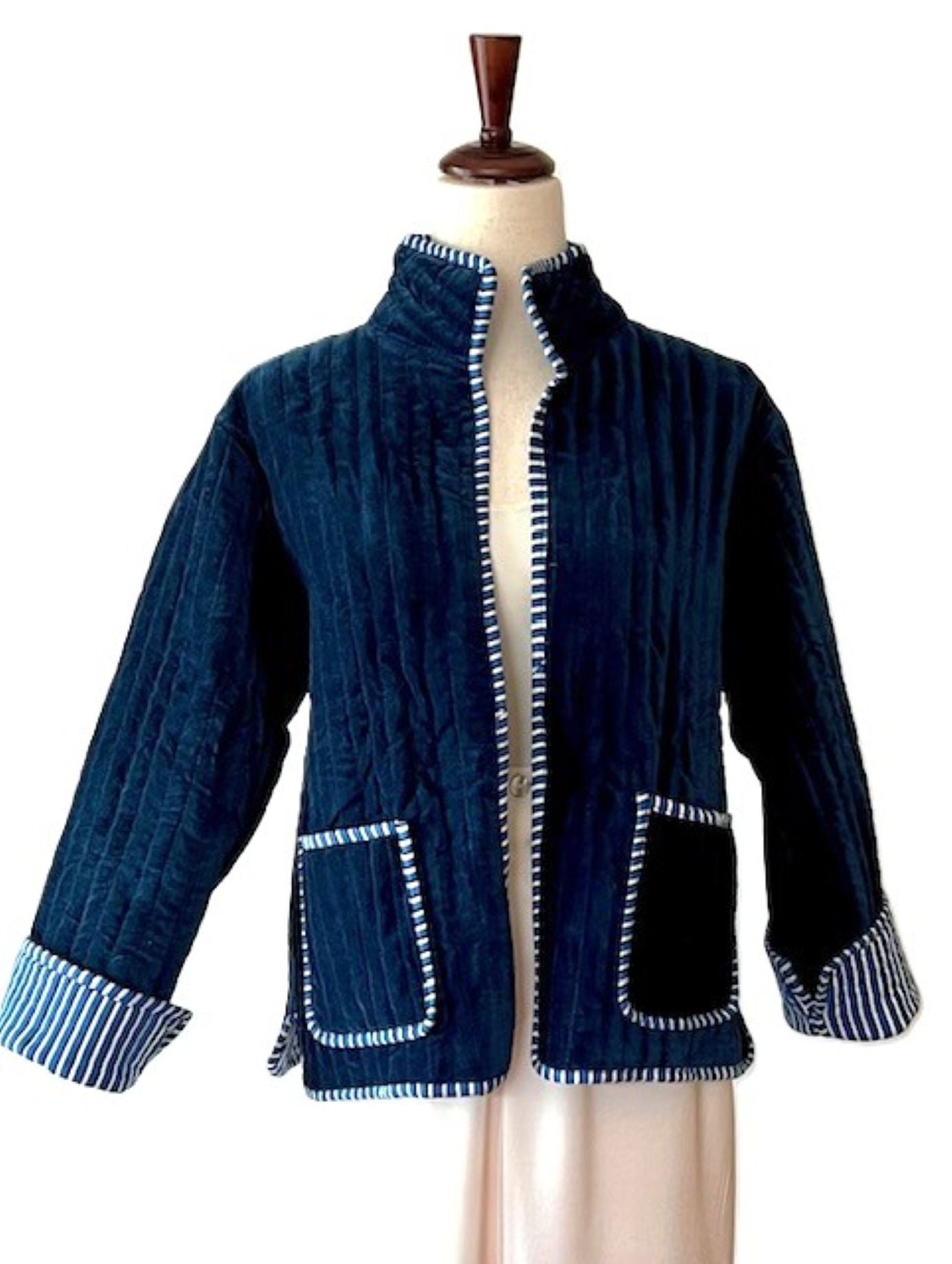New Reversible Velvet Womens Open Jacket With Stripe Piping is so dreamy. (Dark Blue)