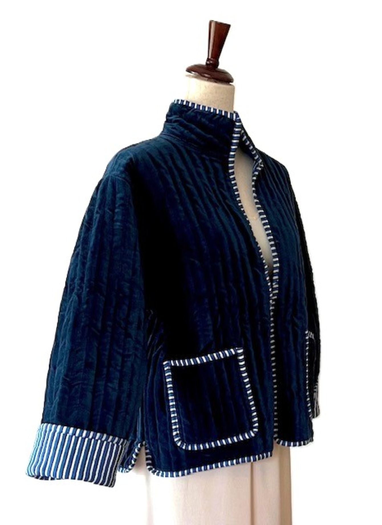 New Reversible Velvet Womens Open Jacket With Stripe Piping is so dreamy. (Dark Blue)