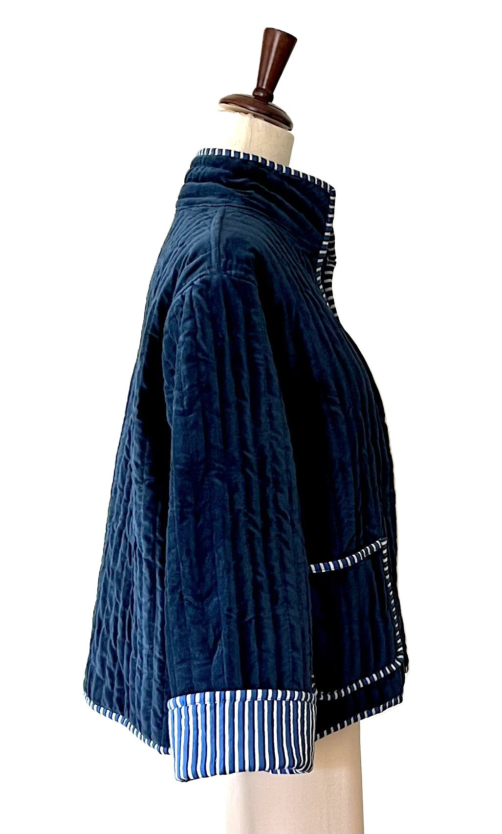New Reversible Velvet Womens Open Jacket With Stripe Piping is so dreamy. (Dark Blue)